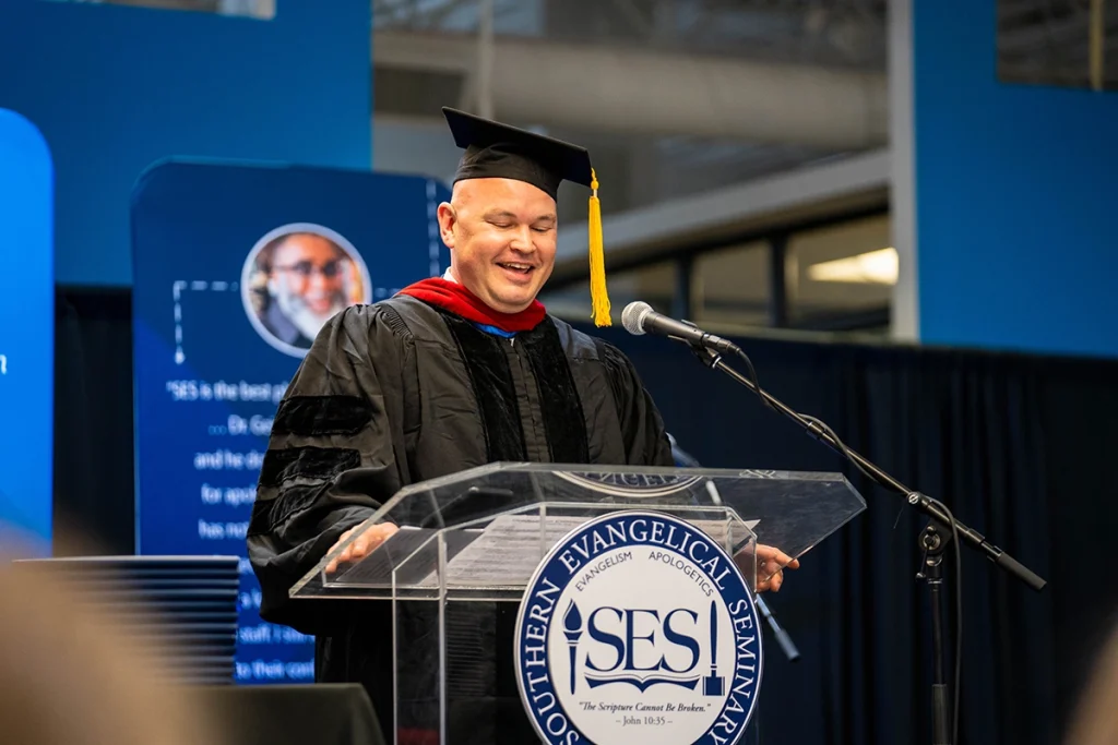 Dr. Stephen Cutchins giving the Southern Evangelical Seminary graduation commencement speech